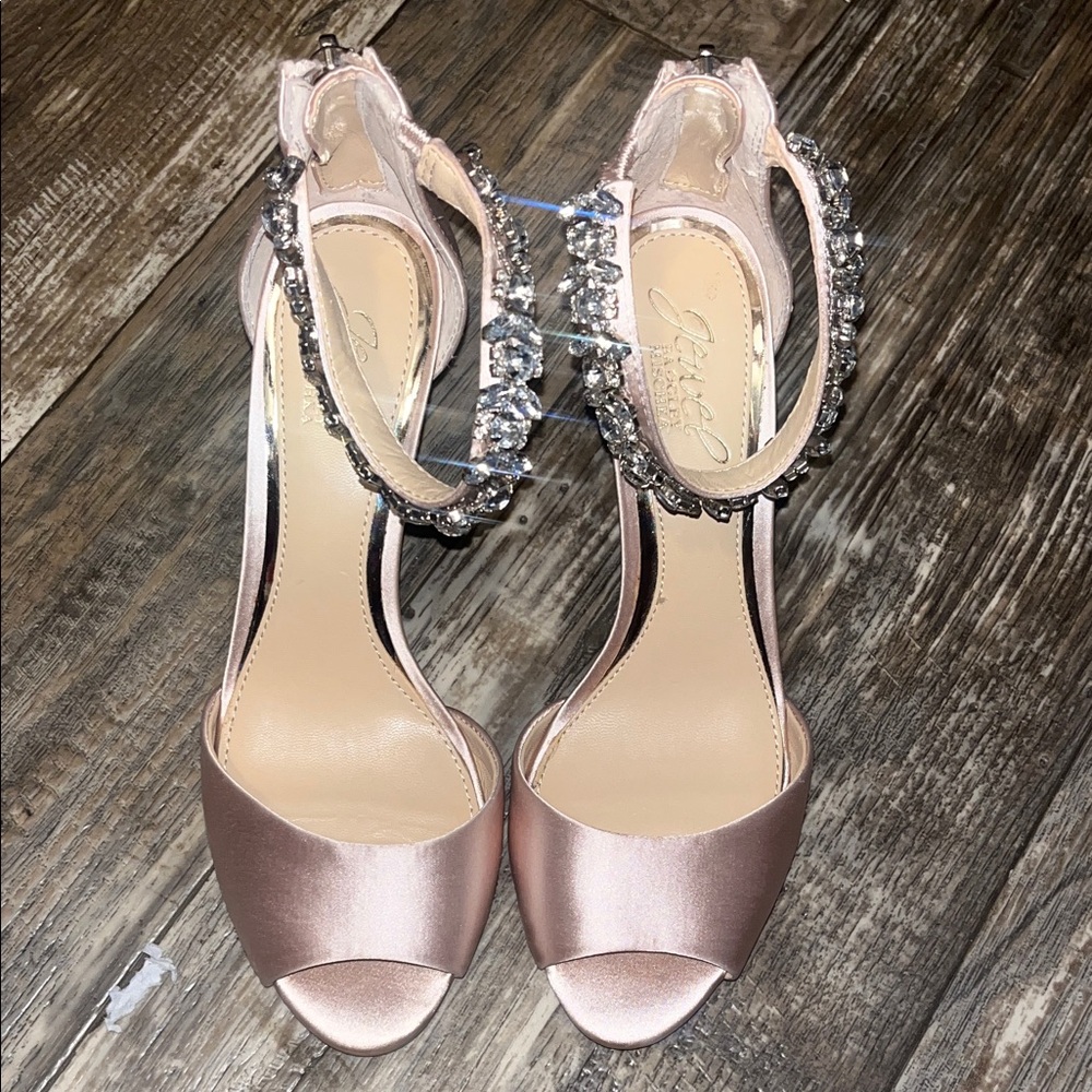 Jewel Badgley Mischka Pink Satin Heels with Crystal Straps